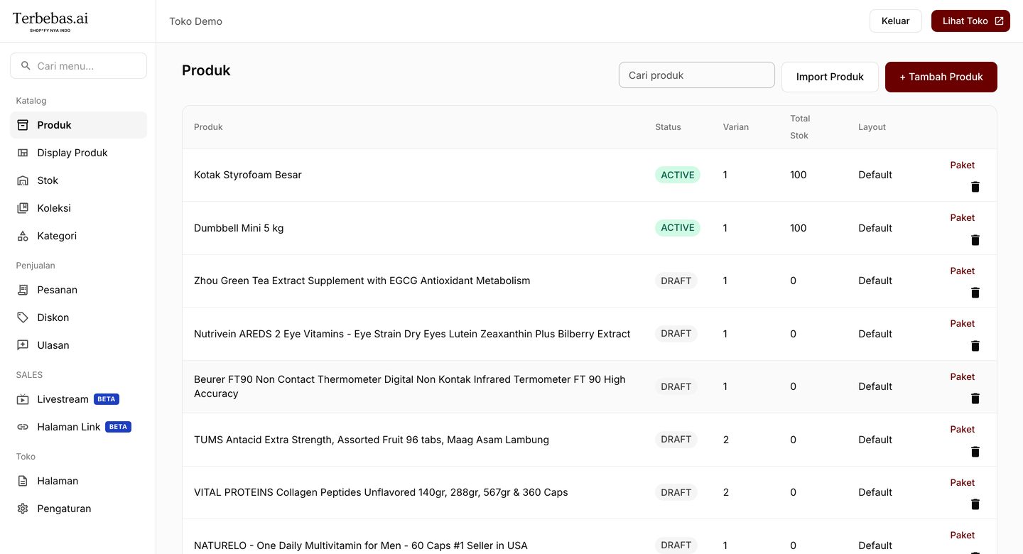 Dashboard Terbebas.ai yang asli — kelola produk, stok, koleksi, pesanan
